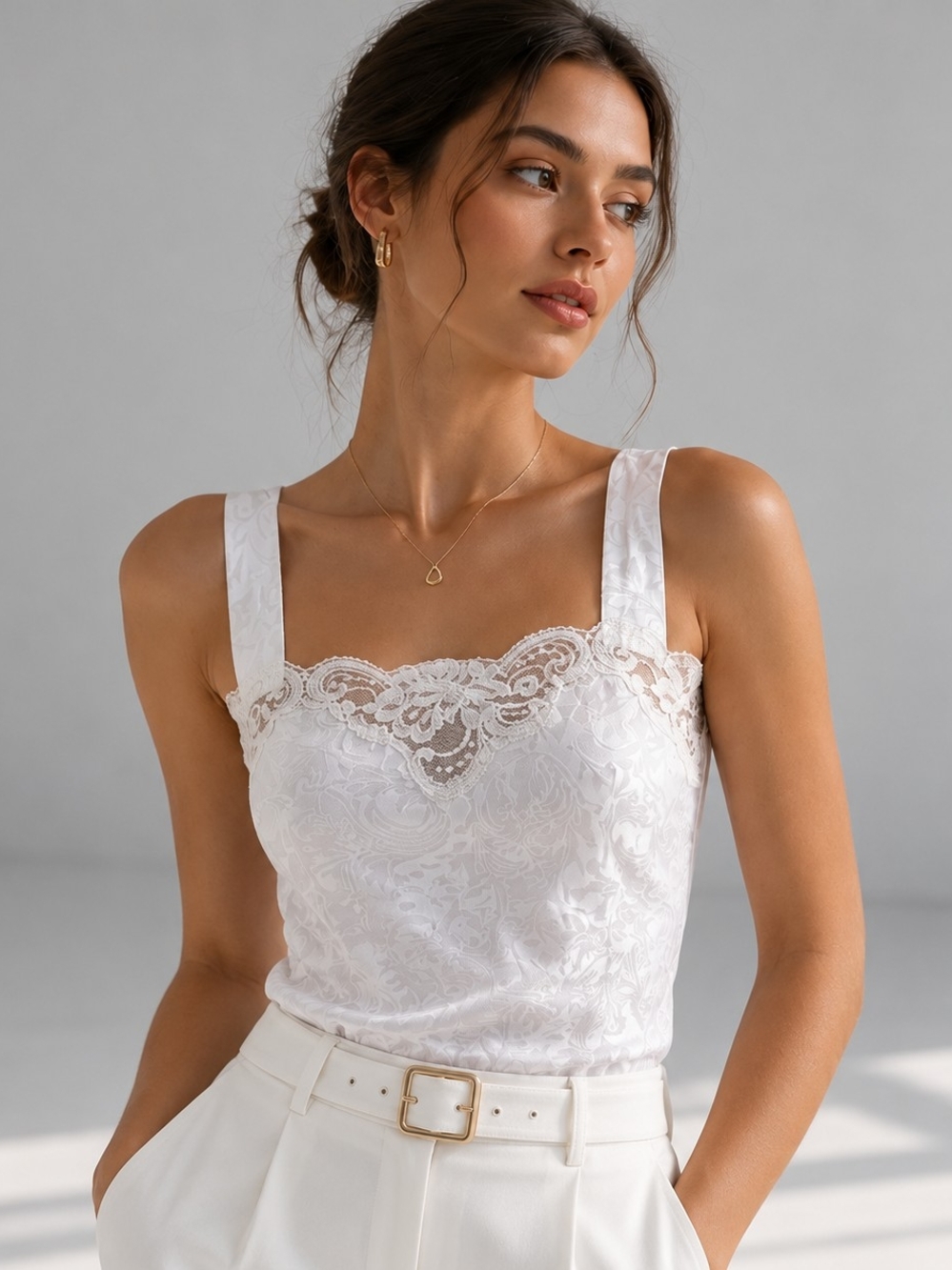 Vintage 90s Deena White Satin Jacquard Lace Camisole Size Small 34 USA Made